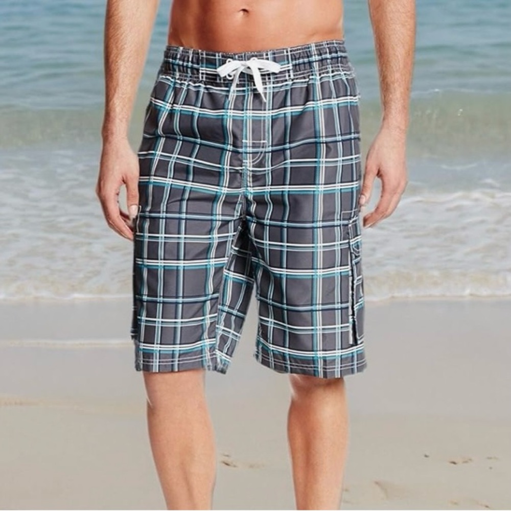 Kanu Surf Gray Plaid Swim Board Shorts with Aqua Stripe